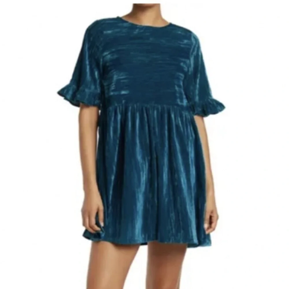 Melloday Ruffle Sleeve crinkle Velvet Mini Dress in Blush Size XS - Picture 2 of 12